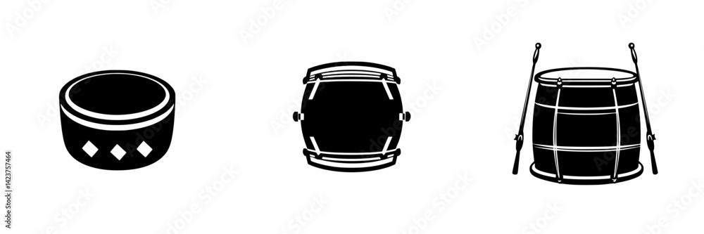 Poster various drum icons in a flat design showcasing different shapes and styles with simple black and whi