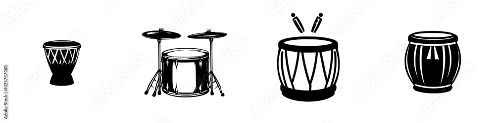 Poster collection of drum icons showcasing various percussion instruments and styles for music design proje