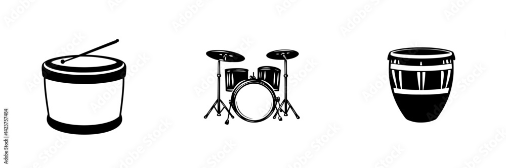 Poster icon set showcasing various percussion instruments in a minimalist design for musical representation