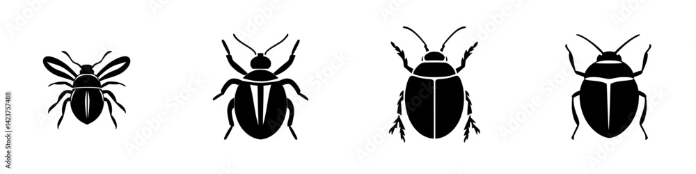 Poster collection of black insect icons representing various species in a minimalistic design suitable for 