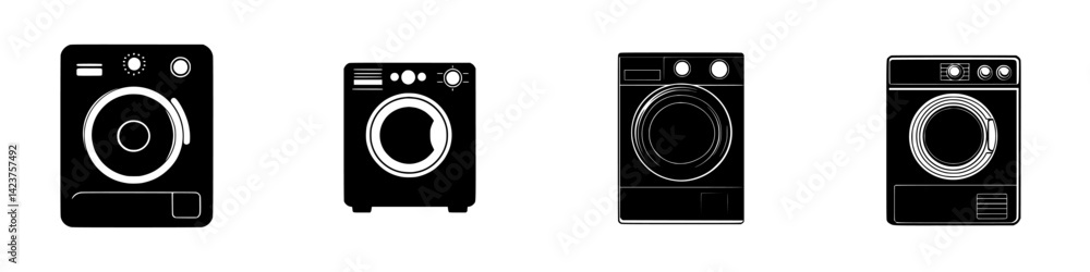 Poster collection of minimalistic washing machine icons suitable for modern design projects and user interf