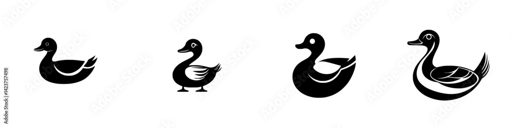 Poster various black and white duck icons displaying different styles and sizes for creative projects