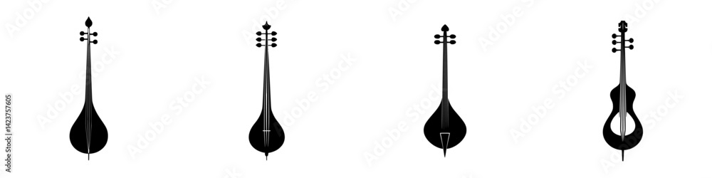 Poster creative icon set featuring four distinct stringed instruments with unique shapes and silhouettes