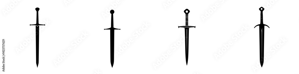 Poster collection of four unique sword icons designed for digital applications and graphic projects