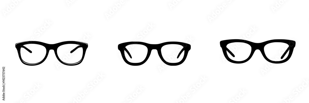 Poster icon set featuring various styles of eyeglasses designed for digital applications and graphic projec