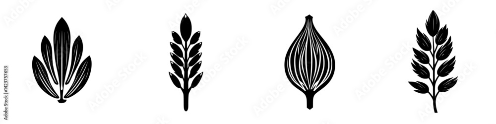 Aufkleber icon set showcasing various plant elements in a simplistic and elegant design for creative projects