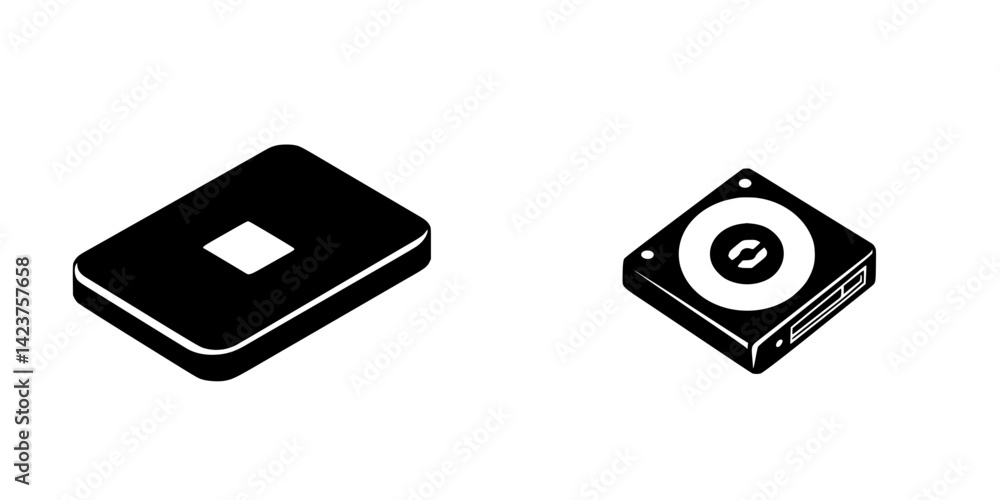 Poster set of minimalist black icons representing a flat square and a compact rectangular device in a simpl