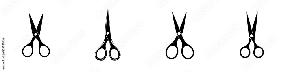 Aufkleber four unique icons of scissors in a simple black and white design suitable for various digital projec