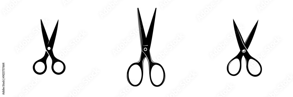 Poster icon set displaying three different views of scissors in a minimalist design for creative projects a