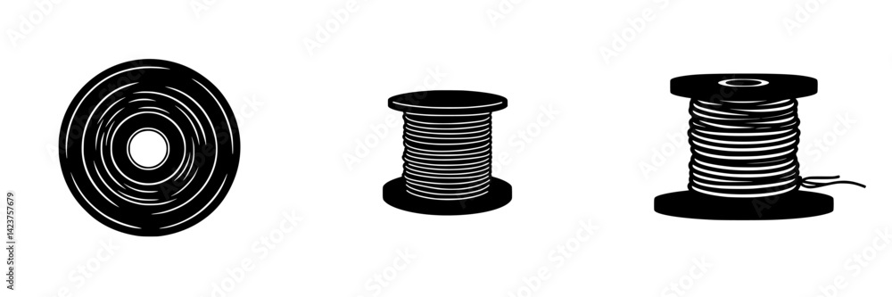 Poster icon set featuring various spool designs with different thread arrangements and orientations, useful