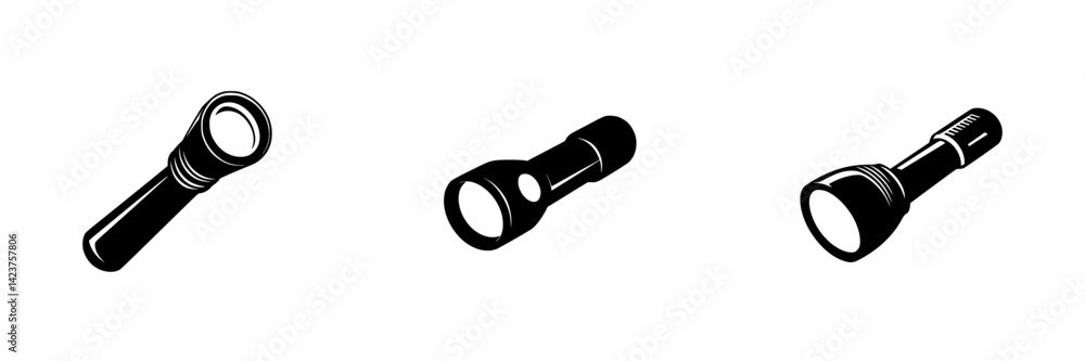 Poster collection of minimalistic black flashlight icons suitable for diverse design projects and applicati