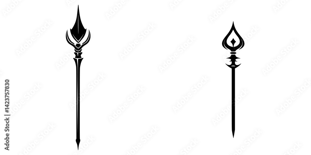 Poster unique icon set featuring two stylized spear designs with sharp points and intricate details
