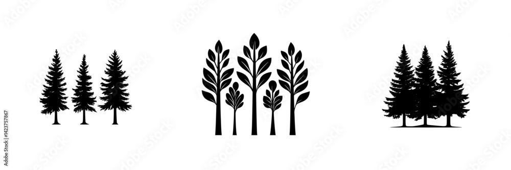 Poster icon set featuring stylized trees and foliage designs suitable for various applications and themes