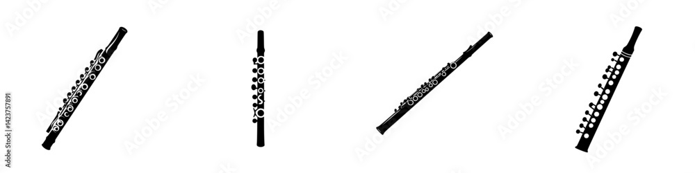 Poster icon set featuring different styles of flutes in a modern design for music-related projects and appl
