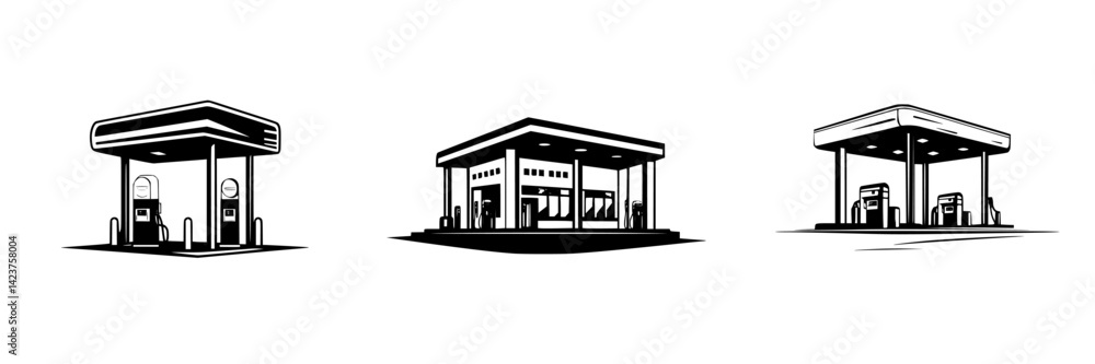Aufkleber icon set of gas stations displaying various designs and features in a minimalist style for modern gr