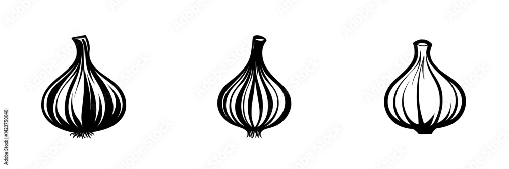 Poster collection of three distinct garlic bulb icons designed in a minimalist style for culinary applicati