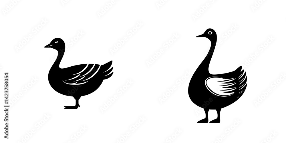 Poster icon set featuring stylized black and white ducks displaying unique designs for versatile usage in d