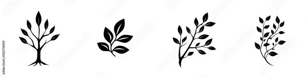 Poster icon set featuring various tree and leaf designs for nature-themed projects and applications
