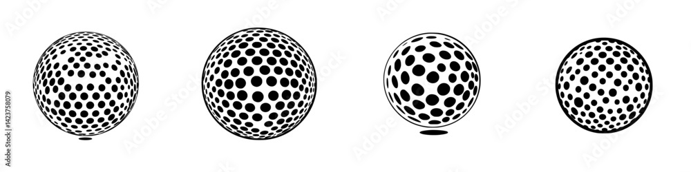 Poster icon set showcasing four variations of dotted spheres illustrating depth and dimension in design