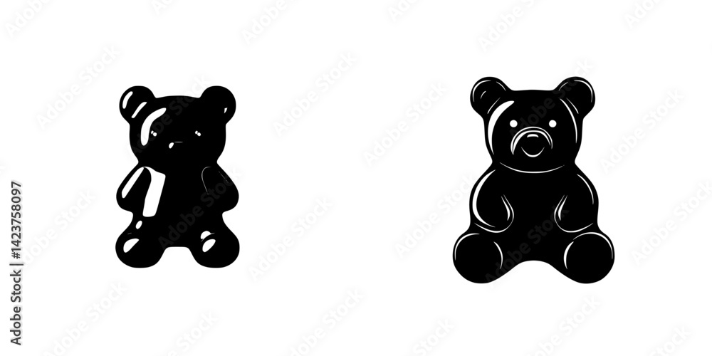 Poster icon set featuring black gummy bears in simple design for use in digital applications and user inter