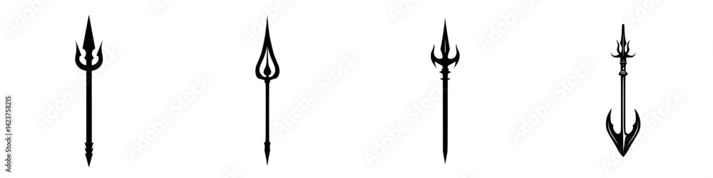 Poster collection of minimalist spear icons in various designs suitable for digital applications and graphi