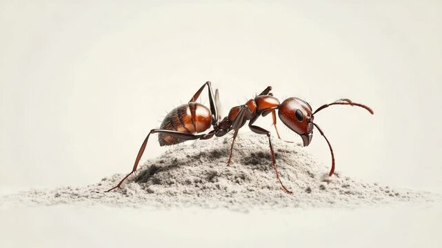 Close-Up View of an Ant Standing on a Pile of Sand Against a Light Background