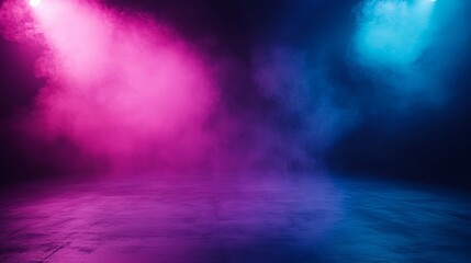 Obraz premium Abstract Pink Blue Neon Lights Smoke Studio Background Dramatic Moody Vaporwave Grunge Texture Design Digital Art Illustration Modern Futuristic Cyberpunk Style Wallpaper Image Dark Glow Cool Scene 