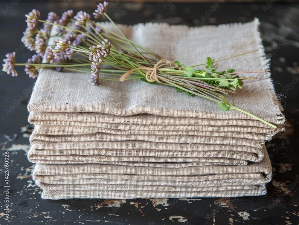 Poster stacked linen napkins adorned with lavender and herbs on a rustic table setting in warm afternoon li
