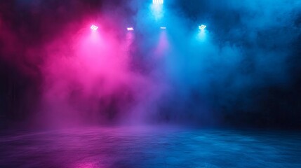 Fototapeta premium Pink Blue Neon Lights Smoke Studio Background Dramatic Dark Moody Atmosphere Vibrant Colors Digital Art Abstract Design Texture Wallpaper Illustration Futuristic Grunge Scene Empty Space Modern 