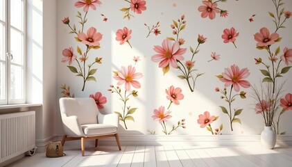 Subtle floral motifs repeat across a soft, elegant interior design pattern , bloom, interior, pattern