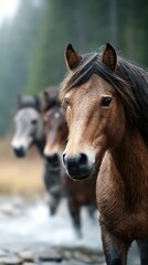 Obraz premium Majestic horses wade through shallow water during a misty morning in a serene forest setting