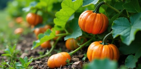 Mature pumpkin vine laden with pumpkins in garden, green, healthy, autumn
