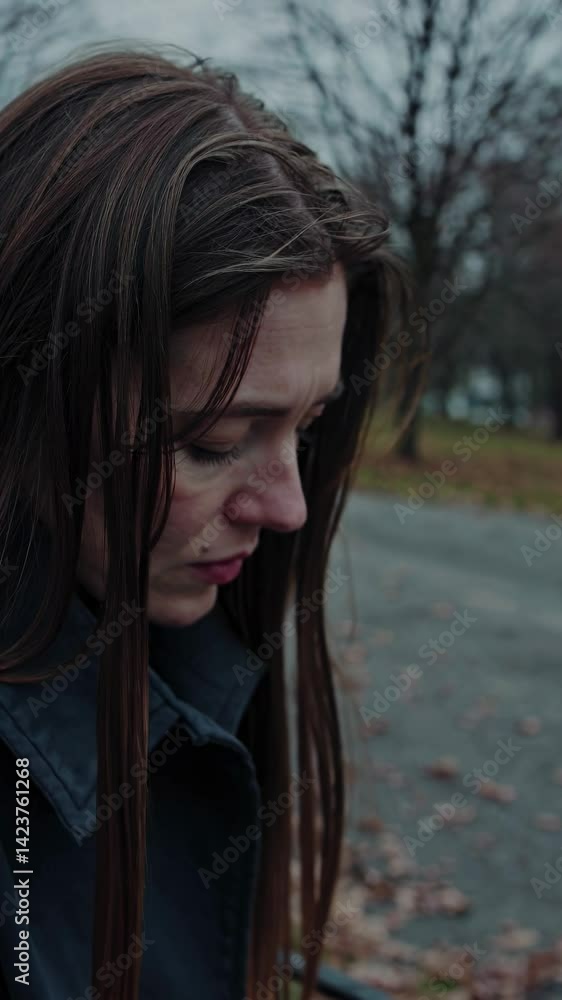 Poster close-up side profile of a woman with a contemplative expression, captured in a cinematic video styl