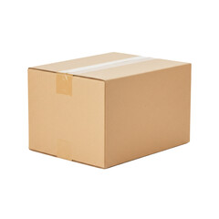 A standard-sized, closed, corrugated cardboard box sits on a plain dark surface, sealed with packing tape and ready for shipping.