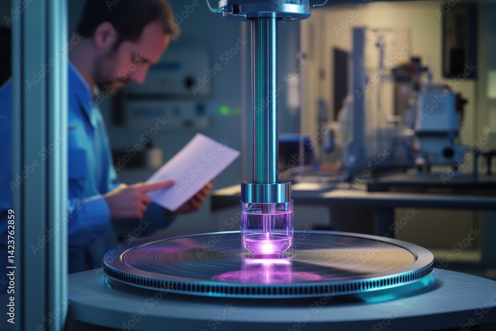 Poster scientist conducts experiment in laboratory using advanced equipment and a liquid sample
