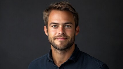 Young man with beard in blue shirt looking into camera on dark background. Suitable for personal portfolios, resumes, social media profiles.