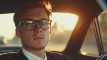Stylish man with glasses driving a car. Accessories advertising, automobile topics, personal blogs.