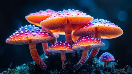 Brightly colored fly agaric with dewdrops on a dark forest background. Suitable for fairy tale, nature or mystical themes.