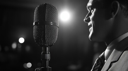 A man in a suit performs with a microphone on stage in retro style. Suitable for album covers, posters, advertising of musical events.