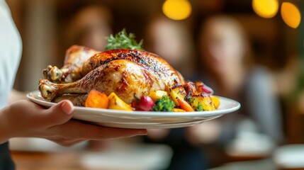 Woman hands holding a plate with roasted turkey and vegetables before serving it to the Thanksgiving holiday table against the background of a blurred family in the living room