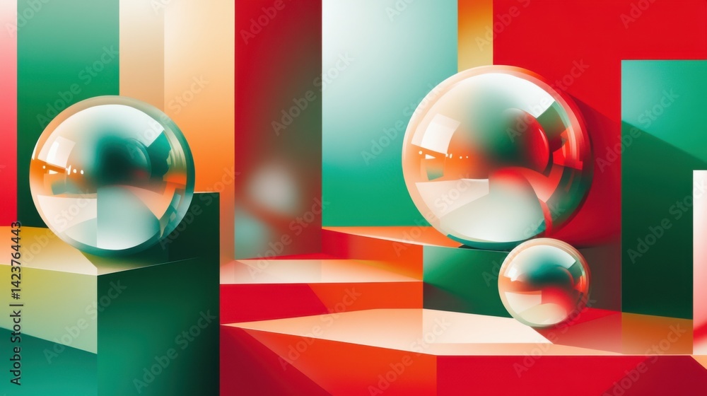 Poster illustration of colorful geometric shapes of smooth and shiny spheres on steps of square platforms a