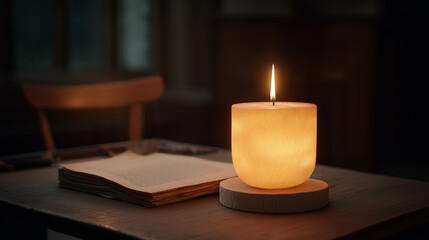 Illuminating Solitude: A single, glowing candle casts a warm, inviting light on a vintage desk, accompanied by an old book, creating a scene of quiet contemplation and focused study.