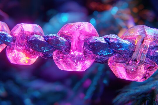 A dazzling display of crystal links glowing with neon pink and ultramarine light - Powered by Adobe