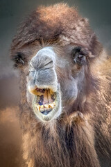 Camel Face Close-Up with Shaggy Brown Coat and Open Mouth