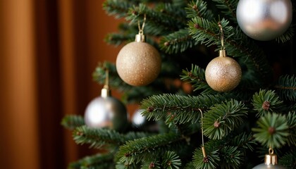 Fototapeta premium Christmas tree ornaments sparkling in festive decorations 