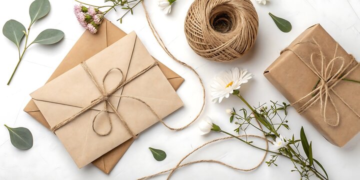 Elegant gift package with floral decoration and craft envelopes on white background