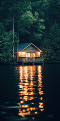 Fototapeta premium Cozy Cabin by Serene Lake with Warm Lights Reflecting on Water in Tranquil Forest Evening
