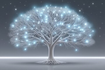Clean icon of tree whose branches are stars and roots are neurons