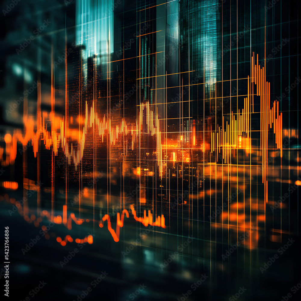 Poster digital indicators and declining graphs of a market crash superimpose over a contemporary scene. con