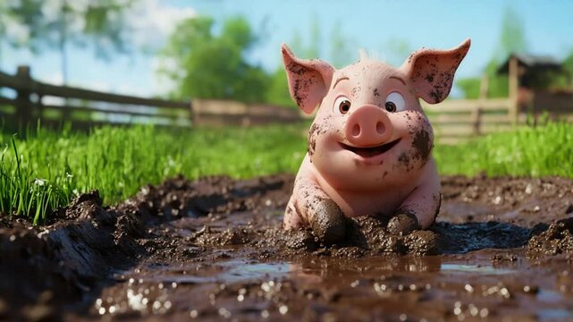 Cheerful Pink Piglet Enjoying a Mud Bath on a Sunny Green Meadow Day